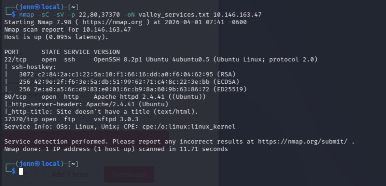 Service scan confirming vsFTPd 3.0.3 on 37370 and Apache on 80
